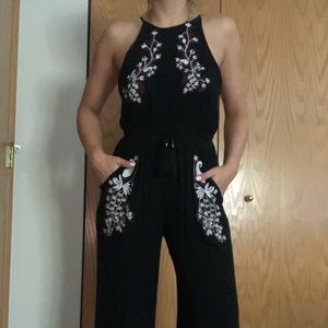 Black Jumpsuit with Hand-Stitched Floral Design